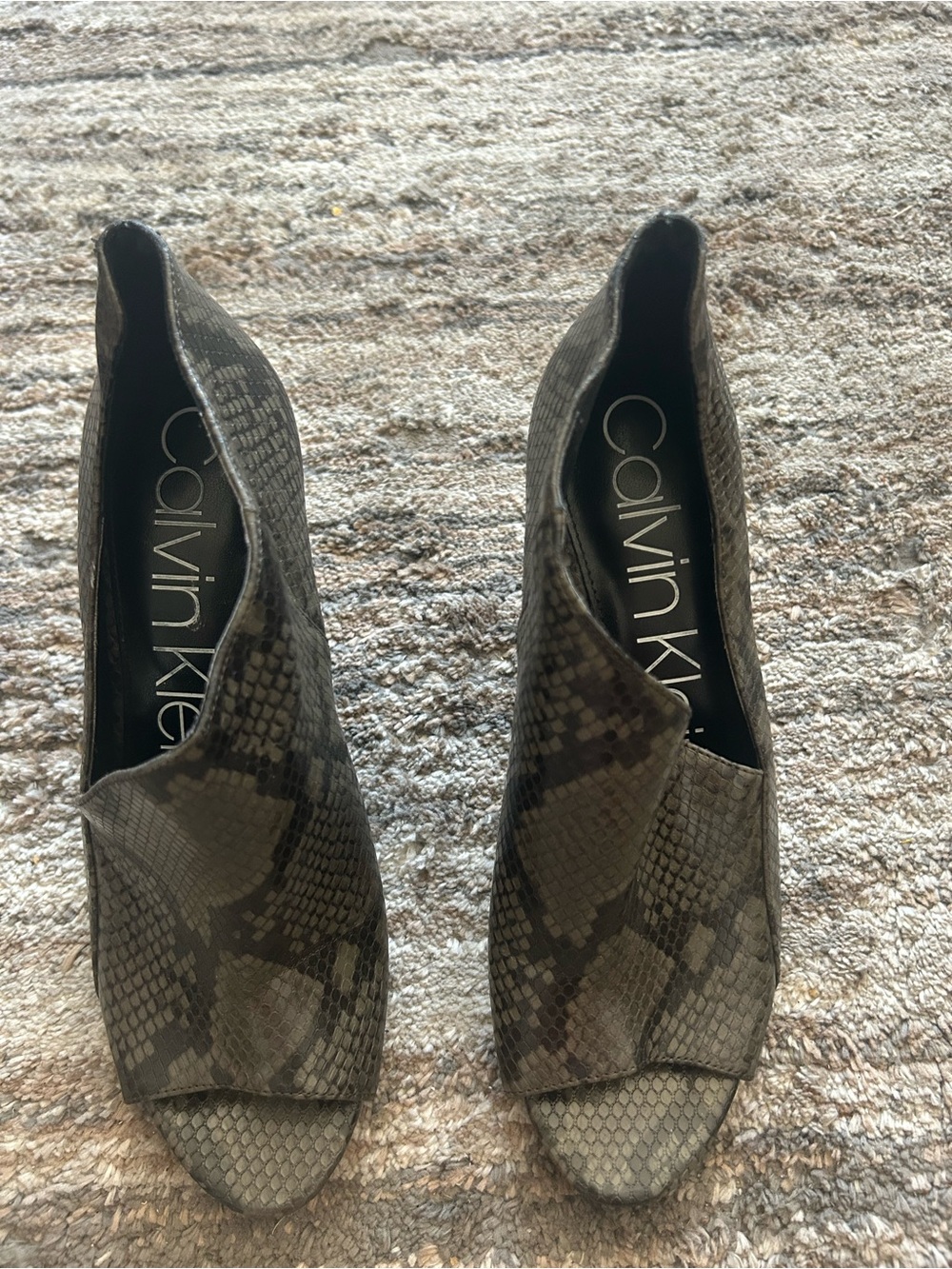 Calvin Klein Olive Snake-Print Peep-Toe Heels